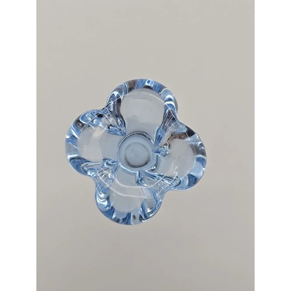 Vintage Art Glass Bud Vase Clover Foot Ice Blue Blown Glass